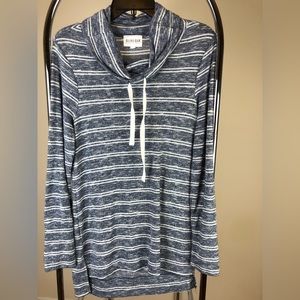 cowl neck long sleeve top, navy blue with white stripes, S